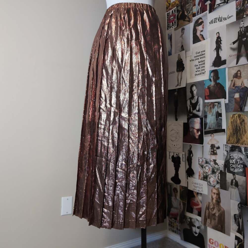 Vintage Bronze Metallic Pleated Midi Skirt